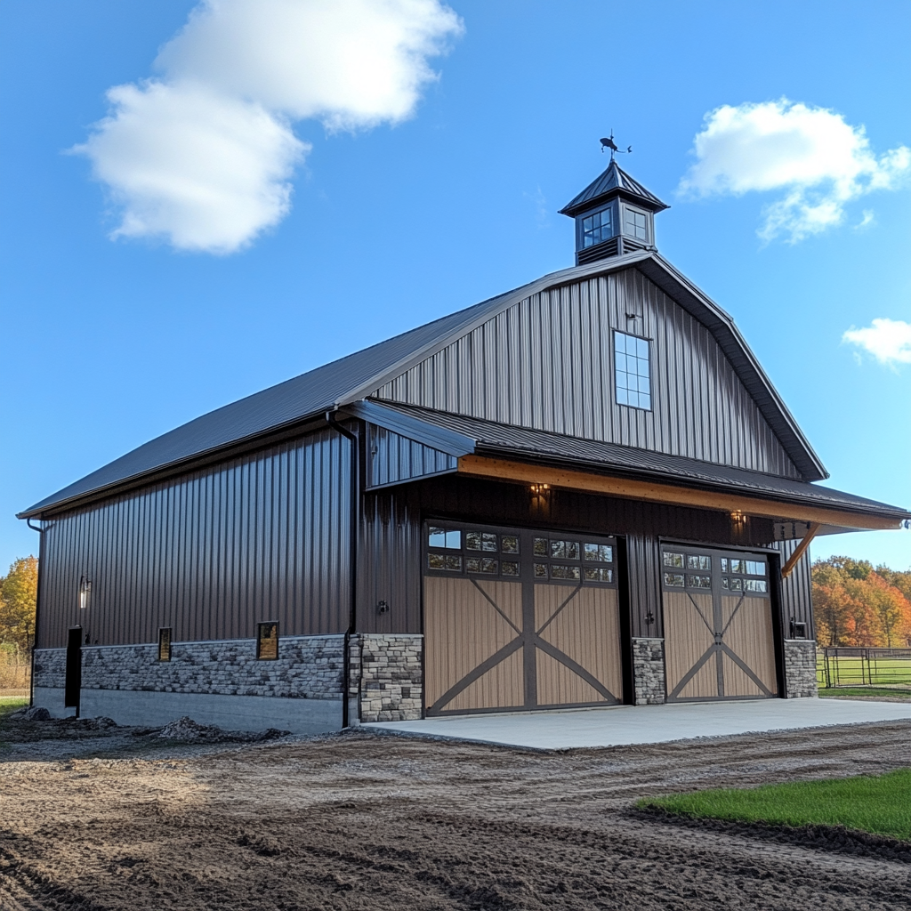 Custom engineered post-frame barn with metal siding, stone base, and three-car garage doors under a clear blue sky